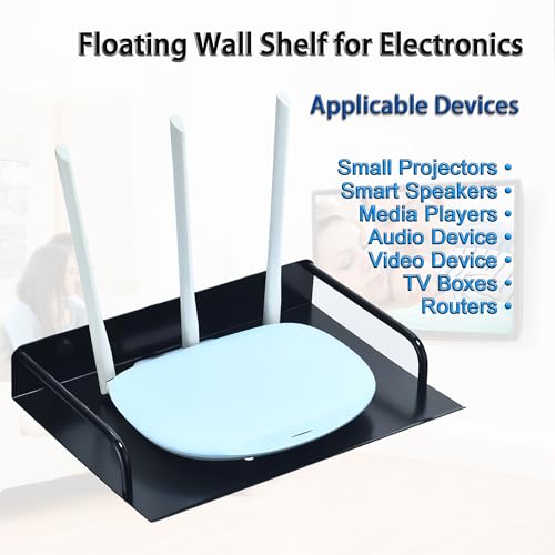 HNVNER Metal Floating Wall Shelf for Router & Cable Box, 10.3x8 Inch | Anodized Aluminum, Rust-proof, Cable Hole + Cooling Vents, Media Shelf fits Apple TV Roku Fire TV Cube Xi6, No-drill