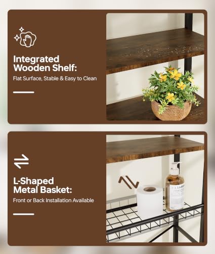 4-Tier Over-the-Toilet Storage Rack with One-Piece Wooden Shelves & Open Net Basket, Bathroom Organizer with Adjustable Feet & Anti-Tip Kit, Space-Saving Toilet Shelf, Brown, 24.4" x 9.4" x 69.3"