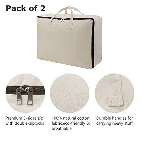 2 Pack Cotton Storage Bags for Duvets, Blankets, Soft Blanket Organizer Bag | 23.6x8.7x17.7",3-side Zip Opening,Breathable,Durable&Tear-Resistant,Sturdy handles,King/Queen Comforters,Down Jackets, Pillow
