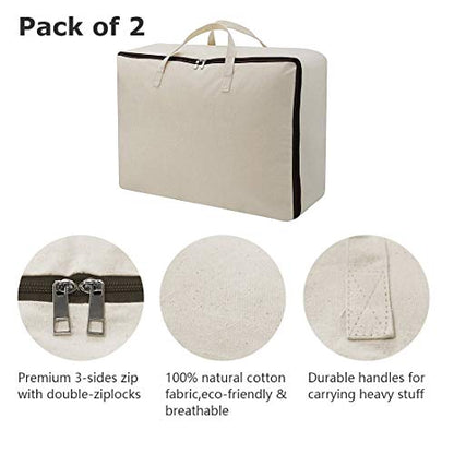 2 Pack Cotton Storage Bags for Duvets, Blankets, Soft Blanket Organizer Bag | 23.6x8.7x17.7",3-side Zip Opening,Breathable,Durable&Tear-Resistant,Sturdy handles,King/Queen Comforters,Down Jackets, Pillow