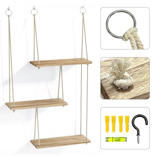 Fixwal Hanging Plant Shelves for Wall, 3 Tier Boho Wall Decor Plant Rack Floating Shelves Rope Rustic Wood Organizer Storage Hanger for Aesthetic Home Bedroom Kitchen Bathroom- Rustic Brown