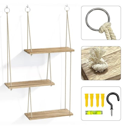 Fixwal Hanging Plant Shelves for Wall, 3 Tier Boho Wall Decor Plant Rack Floating Shelves Rope Rustic Wood Organizer Storage Hanger for Aesthetic Home Bedroom Kitchen Bathroom- Rustic Brown