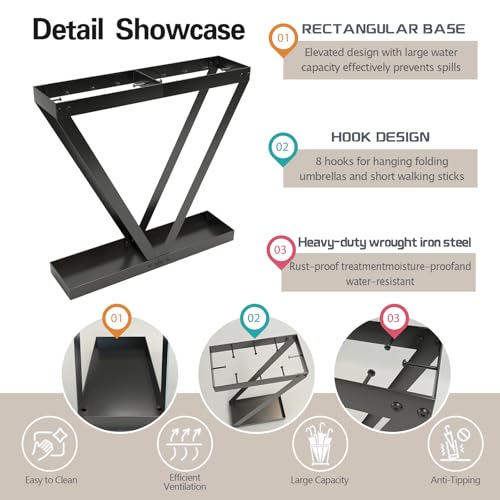 Umbrella Holder for Entryway, Black Umbrella Stand Indoor Stores Umbrellas Canes Equipped with Hooks Ideal for Home, Office , Hotel Lobby of Umbrella Storage Rack