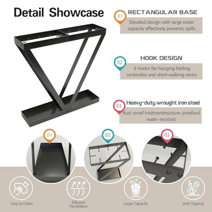 Umbrella Holder for Entryway, Black Umbrella Stand Indoor Stores Umbrellas Canes Equipped with Hooks Ideal for Home, Office , Hotel Lobby of Umbrella Storage Rack