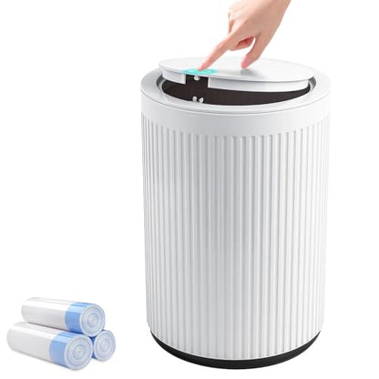 Small Bathroom Trash Can with Lid 2.1 Gallon Plastic Garbage Can White | Sturdy Stylish Decor Trash Bin with Trash Bags Round Wastebasket with Pop-Up Lid for Kitchen Bedroom Office College Dorm