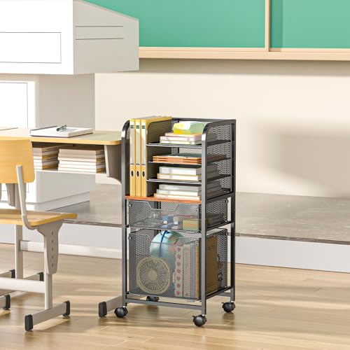 6-Tier Rolling File Cart Multi Mobile Drawer Cabinet Black | File cabinet organizer with wheels, letter size filing storage cart, home office hanging folder storage for teacher