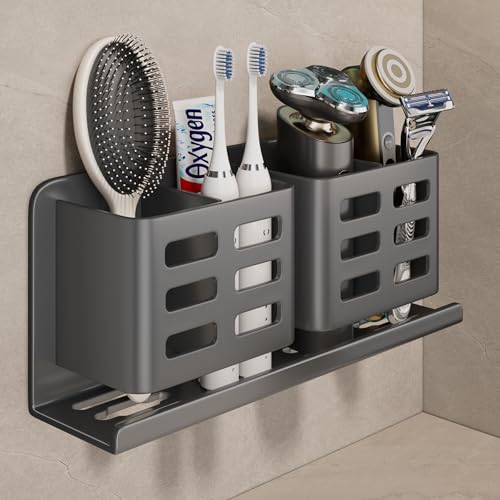 Aluminum Toothbrush Holder， Wall-Mounted，Bathroom... (Grey | Aluminum)