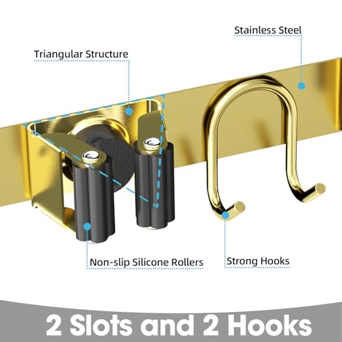 Broom Holder Wall Mount, 2-Pack Stainless Steel Mop and Broom Organizer, Broom Hanger with 2 Slots 2 Hooks for Home Kitchen, Garage, Garden and Laundry Room, Gold