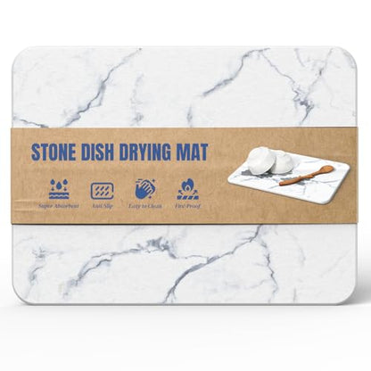 Quick Dry Stone Drying Mat for Kitchen Counter, Water-Absorbent Diatomaceous Dish Drying Mats, Multi-Purpose Stone Drying Tray for Cups Dishes Bottles, Carrara White Marble