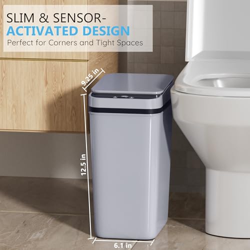 Bathroom Small Trash Can with Lid, Automatic Garbage Can, 2.6 Gallon | 3 Pack Touchless Slim Waterproof Motion Sensor Smart Trash Bin for Bedroom, Office, Living Room-White/Black/Grey