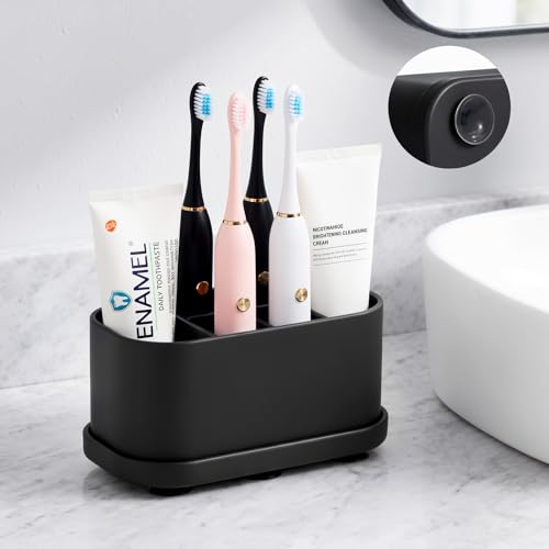 Luxspire Toothbrush Holders for Bathrooms, Silicone, 5 Slots, Black | Toothbrush Organizer with Suction Cup Tray, Toothbrush Holder with Drainage for Bathroom Countertop