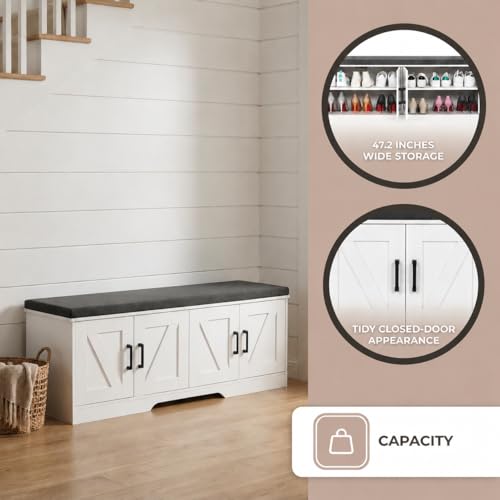 HOMSHO Farmhouse Shoe Storage Bench with 4 Barn Doors & Padded Seat Cushion | 47.2" Wide Entryway Bench with Adjustable Shelves & Hidden Storage, White