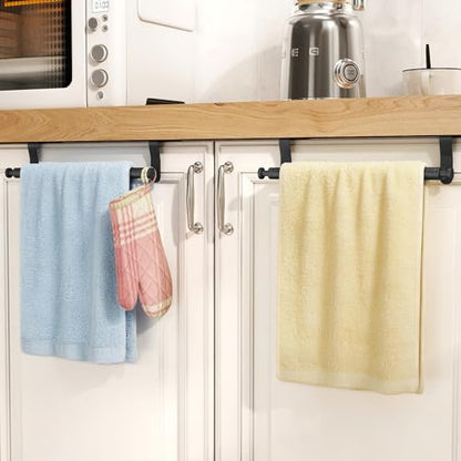 Over Cabinet Towel Holder with Hooks, 2 Pack Black Bars for Kitchen | Stainless Steel Over The Cabinet Towel Rack Bars, Dish Towel Holder for Kitchen Cabinet Doors