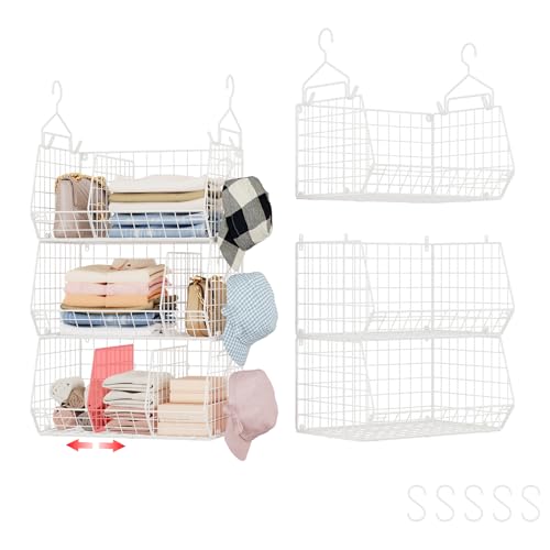 3 Tier Extra Large Closet Hanging Shelves with Divider, 16.5"L x 11.8"W x 33.6"H Closets Organizers and Storage with 5 S Hooks, Clothes Organizer for Sweaters Shoes Handbags Clutches Accessories-White