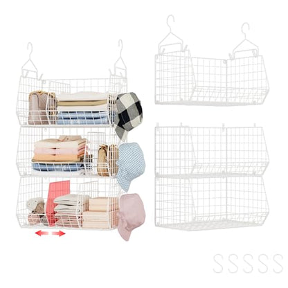 3 Tier Extra Large Closet Hanging Shelves with Divider, 16.5"L x 11.8"W x 33.6"H Closets Organizers and Storage with 5 S Hooks, Clothes Organizer for Sweaters Shoes Handbags Clutches Accessories-White