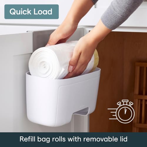YouCopia DoorStash Garbage Bag Dispenser, Hanging Kitchen Cabinet Door Trash Bag Organizer with Removable Lid for Storage, Speckled White