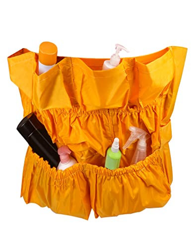 QWORK Trash Can Caddy Bag, 10 Pocket Commercial Cleaning Bag, Fit 32-50 Gallon Can, Round Trash Bag Holder, Garbage Bin Organizer, Yellow