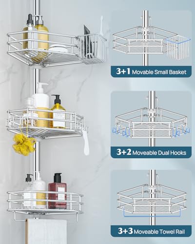 Corner Shower Caddy Tension Pole, Quick Setup, Rust-Free Bathroom Shower Organizer Corner for Bathtub Shampoo Storage, 4-Tier Adjustable Shelf, Drill Free, Fits 34 to 116 Inch Height, Silver