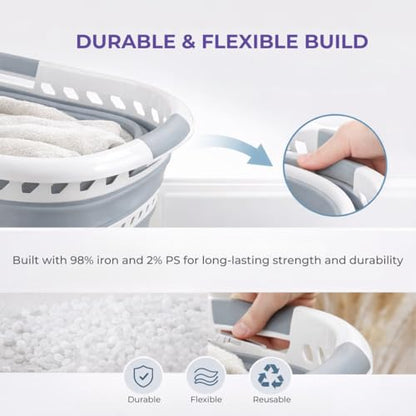 Laundry 360 Collapsible Laundry Basket 40L | Portable | Space Saver Storage | Hold 2 Loads | Store Under the Bed or Closet | Good for Kids | Dorm | Bedroom | Large | White/Grey