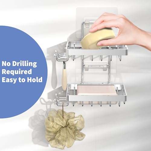 Moforoco Silver Double Soap Bar Holder for Shower, No Drilling Rustproof Stainless Steel, Wall Mounted Soap Holder with 4 Hooks and Razor Holder, Shower Rack Soap Tray Bar Soap for Bathroom & Kitchen