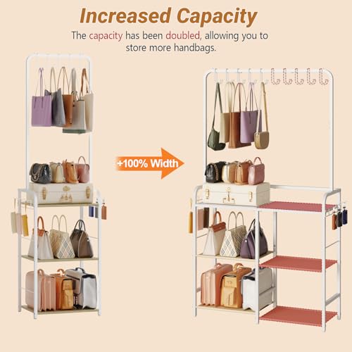Large Capacity 3-Tier Purse Organizer for Closet, Double-Row Rack, 16 Hooks | 10 Top Hooks, 6 Side Hooks: Three shelves hold at least seven handbags per tier; the 11.5-inch depth fits narrow spaces