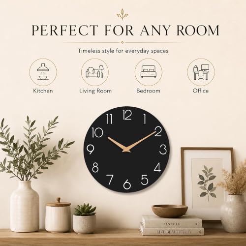 cicininc 10 Inch Battery Operated Wall Clock, Silent Analog, Black | Living Room | Kitchen | Office | Bathroom | Modern Style | Easy-to-read Numbers