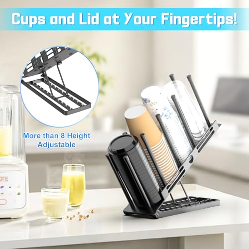 Coffee Cup and Lid Holder, 4 Compartment Metal Cup Dispenser, Black | Adjustable height, Easy to access, Space-Saving Storage, Countertop Organizer for Coffee Bar Station Home Office Breakroom