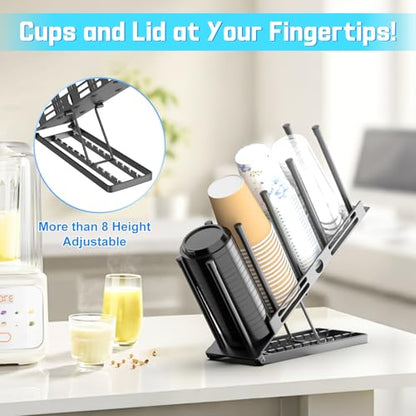 Coffee Cup and Lid Holder, 4 Compartment Metal Cup Dispenser, Black | Adjustable height, Easy to access, Space-Saving Storage, Countertop Organizer for Coffee Bar Station Home Office Breakroom
