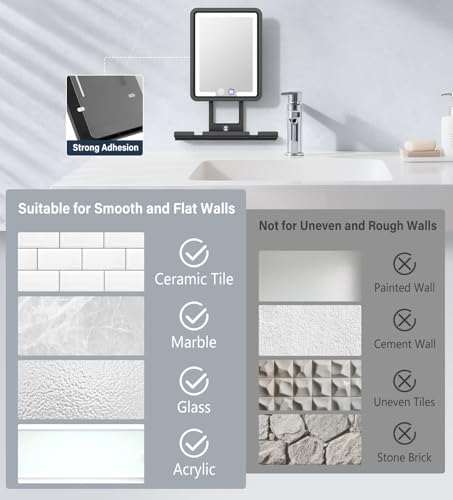 Shinowa Shower Mirror Fogless for Shaving with Light 360° Adjustable, Black | Rechargeable Anti-Fog Shaving Mirror, Large Storage Tray & Razor Holder, Dimmable Lights with 3 Colors, IP66 Waterproof