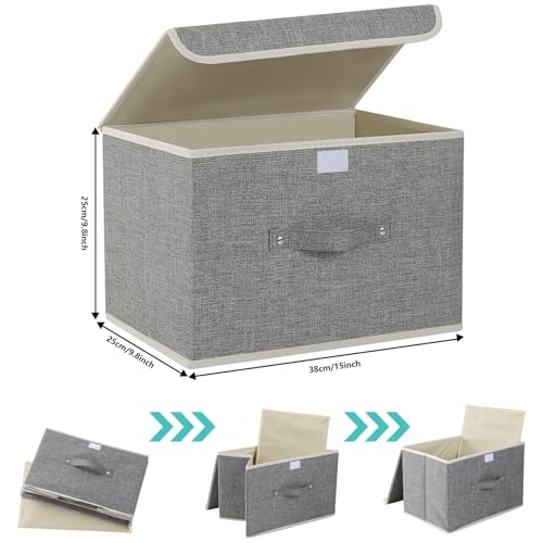 Foldable Fabric Storage Cubes with Lids,Grey 15x9.8x9.8in,1 Pack | Storage Bins with Handles,PP Panel Closet Organizers,Washable Boxes,Collapsible Fabric Container for Underwear and Socks
