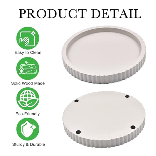 Modern Decorative Tray for Coffee Table, 11" Wooden Gray Beige Round Small Decor Tray for Candle, Perfume, Vanity, Kitchen Island Counter & Table Centerpiece