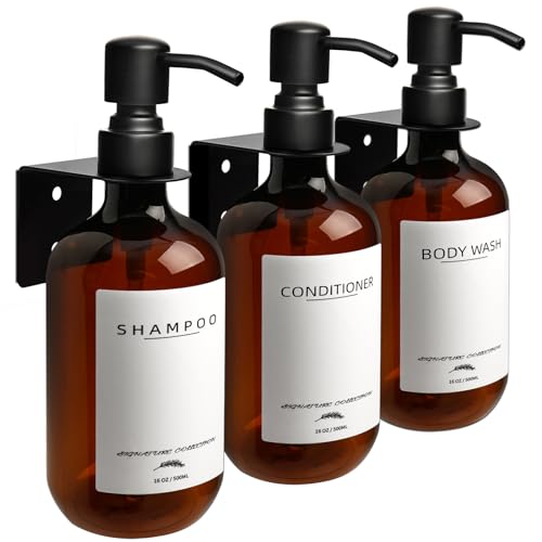 Supforce Shampoo Dispenser for Shower, No Drill Dispenser with Pump & Label | Shampoo and Conditioner Dispenser Wall Mount Set of 3, Pet Bottle Shower Soap Dispenser for Home Bathroom, Amber