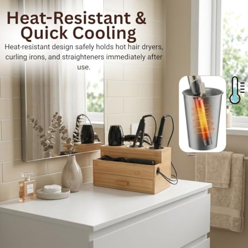 Hair Tool Organizer, Wooden | Bathroom Countertop, Heat-Safe Stainless Steel Cups, Professional Bamboo Styling Station
