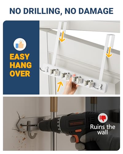 Lorbro Broom Holder Door Mount, Wood Over the Door Broom and Mop Holder | 4 Slots 4 Hooks, No Drill Setup, EVA Protection Pads, Secure Grip, Laundry Garage Closet Kitchen Use, White
