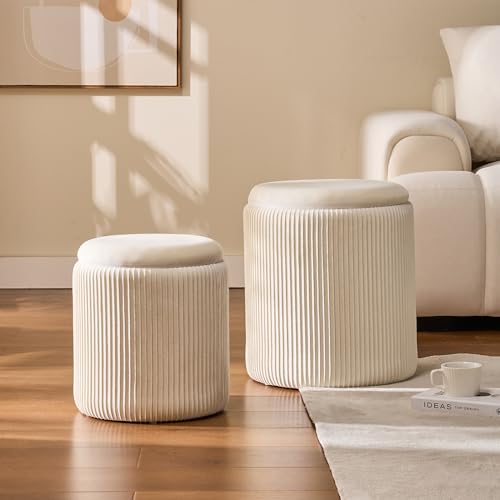 Set of 2 Round Storage Ottoman, White Velvet Ottoman with Storage | Upholstered Padded Vanity Stool, Multifunctional Coffee Table & Foot Rest for Bedroom, Living room with Hidden Storage Space