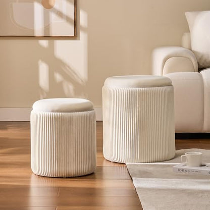 Set of 2 Round Storage Ottoman, White Velvet Ottoman with Storage | Upholstered Padded Vanity Stool, Multifunctional Coffee Table & Foot Rest for Bedroom, Living room with Hidden Storage Space