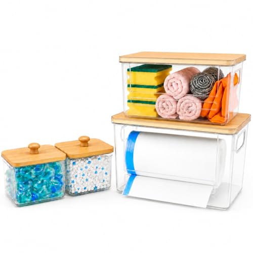 4 PACK Stackable Trash Bag Dispenser Organizer, Multi-Purpose Under Sink Garbage Bag Storage Holder for Kitchen Cabinet Pantry Laundry Room Grocery Plastic Bag Container Organizer