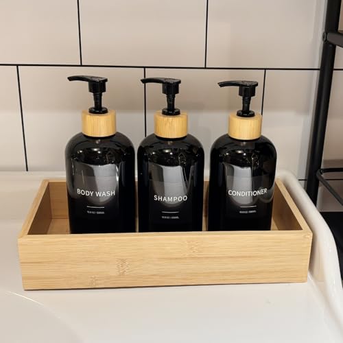 Shampoo and Conditioner Dispenser, Refillable Plastic Shampoo Pump Bottles with Waterproof Labels, Empty Body Wash Dispenser Set for Bathroom Shower, Black, Set of 3, 16.9oz
