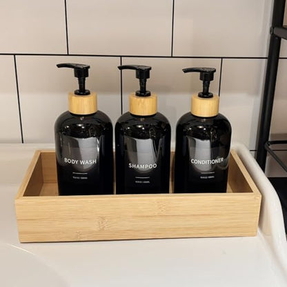 Shampoo and Conditioner Dispenser, Refillable Plastic Shampoo Pump Bottles with Waterproof Labels, Empty Body Wash Dispenser Set for Bathroom Shower, Black, Set of 3, 16.9oz