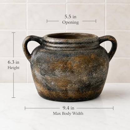 Rustic Utensil Holder for Kitchen Counter - Vintage Utensil Crock | 9.4" x 6.3" Wide Opening Ceramic Organizer, Handcraft Pottery Farmhouse Decor