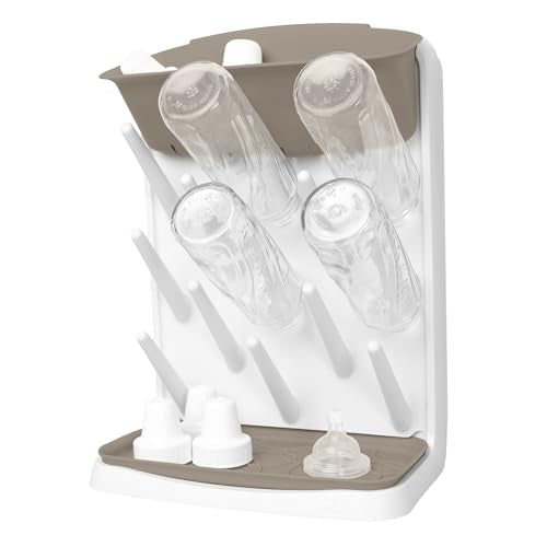 Ubbi Vertical Baby Bottle Drying Rack, Space Saving Countertop Bottle Dryer | 13-Peg Bottle Drying Rack Removable Drain Tray, Baby Organizer for Pump Parts, Pacifier & Accessories, Dishwasher Safe, Taupe