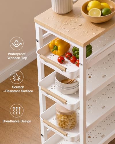 Pipishell Slim Rolling Storage Cart with Drawers & Lockable Wheels, 5 Tier Kitchen Cart with Safety Stops & Vented Design, Wood Top, Pull-Out Utility Cart for Kitchen, Bathroom, Laundry Room, White