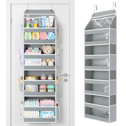 Yecaye 5 Tier Over the Door Organizer, Swing-proof Door Organizer Hanging with Clear PVC Windows, Behind the Door Storage for Bedroom Nursery Closet Laundry Pantry Bathroom, Grey