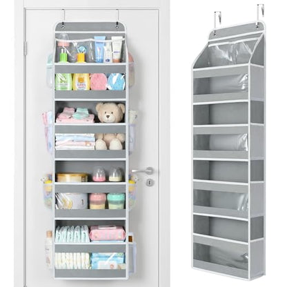 Yecaye 5 Tier Over the Door Organizer, Swing-proof Door Organizer Hanging with Clear PVC Windows, Behind the Door Storage for Bedroom Nursery Closet Laundry Pantry Bathroom, Grey