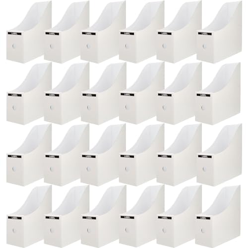 Limitliho 24 Pack White Cardboard Magazine Holder for Desk or Shelves | 10.6''H×10.2'L×3.5''W Magazine File Holder, Vertical Book Bins for Classroom and Library, Magazine Storage Box with Label