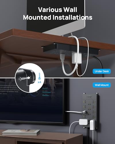 TROND Surge Protector Power Strip 5ft Cord, 4000J, 4 USB, ETL Listed, Black | 13 Widely-Spaced Outlets Expansion with USB C Ports, Low-Profile Flat Plug, Wall Mount, Extension Cord, 14AWG Heavy Duty