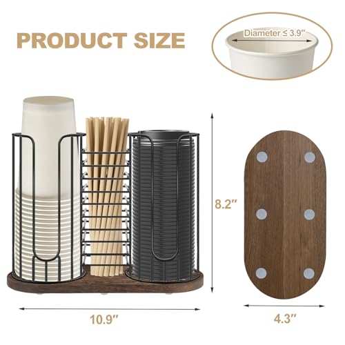 3-Compartment 18oz Coffee Cup Dispenser Rack with Wood Base, Disposable Cup, and Lid Organizer for Countertop - Perfect for Paper Cups, Straws, and Kitchen Cabinet Storage