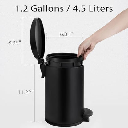TIPGO 1.2 Gallons Small Black Trash Can, Bathroom Garbage Can with lid, Foot Pedal Trash Bin, Mini Round Wastebasket for Bathroom, Bedroom, Office, 4.5 Liters, Matte Black