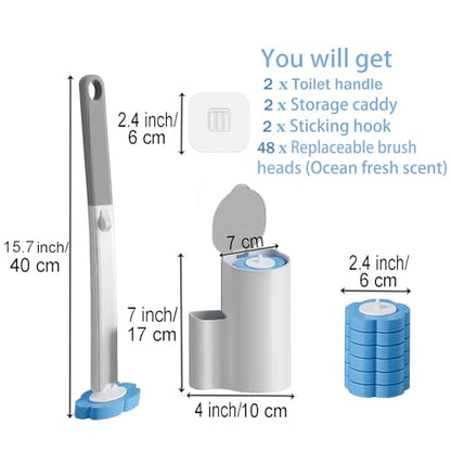2 Pack Disposable Toilet Brush and Holder Set,Extended Handle with 48 Cleaner Refills Toilet Brush for Toilet Bowl Cleaners,Bathroom Cleaning, Bathtub - Blue (Ocean Fresh Scent)