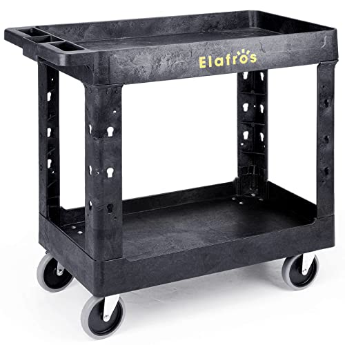 2-Tier Utility Rolling Cart, 34 x 17 in, 5" Swivel Wheels, 550lb | Deep Tub Shelves, Plastic Service Cart, Work Cart, Tool Cart, Tub Storage Organizer, Warehouse Garage Cleaning Supplies